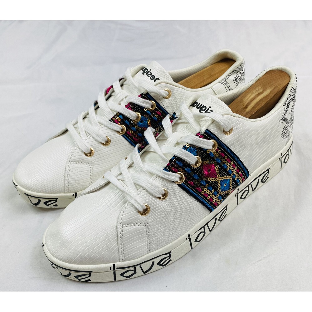 Desigual White Cosmic Exotic Indian Love Low Sneaker Women Size 10 EU 41 NWOB